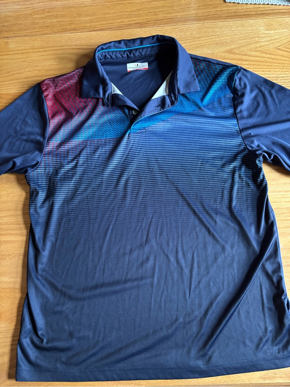 Grand Slam Performance Men’s Golf Polo L  Navy Blue/Red blue Gradient Stripes